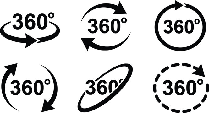 360 Degree Rotation Arrow Icon Set, Circular Rotate and 360 View Vector Symbols