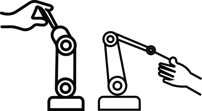 Vector line icon set of collaborative robots, robot arm programming, and human-robot interaction.   
