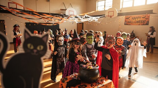 Group of Cute Kids in Halloween Costumes Having Fun at School Party. Kids Halloween Party Concept Banner with Copy Space