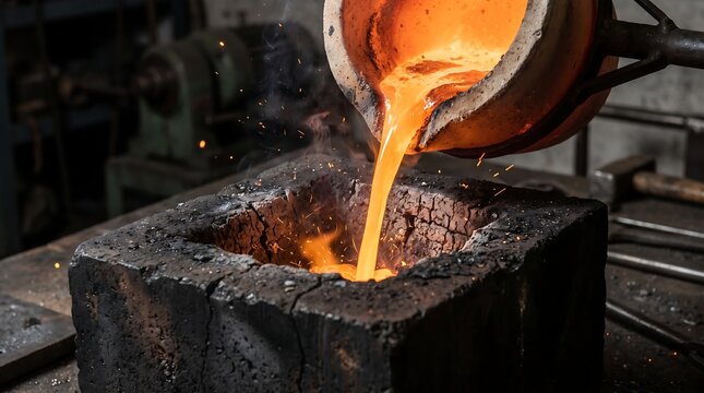 Molten metal pouring into mold in industrial foundry, glowing liquid metal casting process, heavy manufacturing factory metallurgy