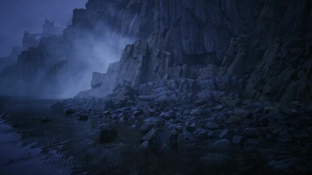 moonlit cliffs pebbled shoreline under fog with glassy reflection and cold blue tones, jagged rocks rising from calm water, atmospheric mist rolling