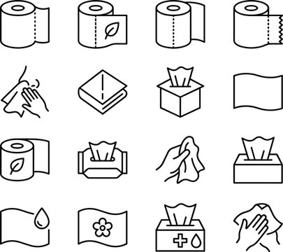 Toilet paper rolls and wet wipes icons set with outline vector elements for personal hygiene bath towels and body care