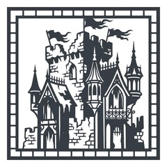 Fototapeta premium Medieval castle silhouette illustration with towers and flags