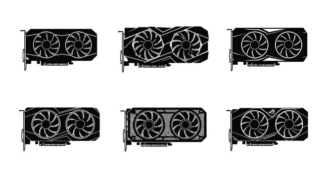 Black vector graphics depict multiple computer graphics cards on a white background