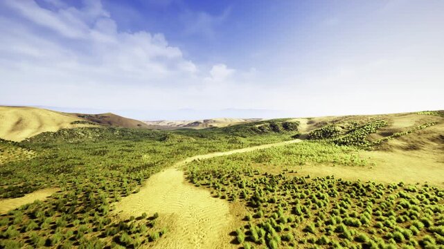wide sunlit valley with scattered shrubs and distant ridgelines under bright blue sky, expansive composition conveys openness and scale, ideal for travel hero