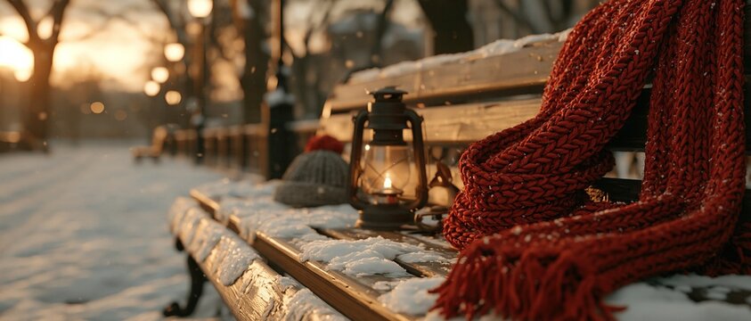 Snowy Bench with Lantern and Scarf in Winter Park