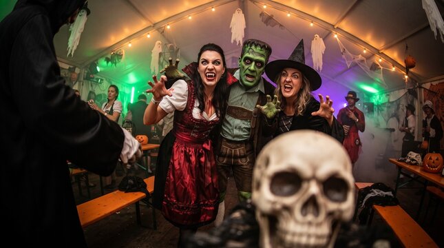 Group of Friends in Halloween Monster Costumes Celebrating at Festival Party. Halloween Costume Party Concept Banner with Copy Space