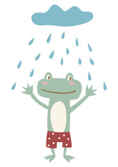 Obraz premium Happy Frog Character Standing in Red Shorts Under Rain Cloud Vector Illustration Isolated on Transparent Background