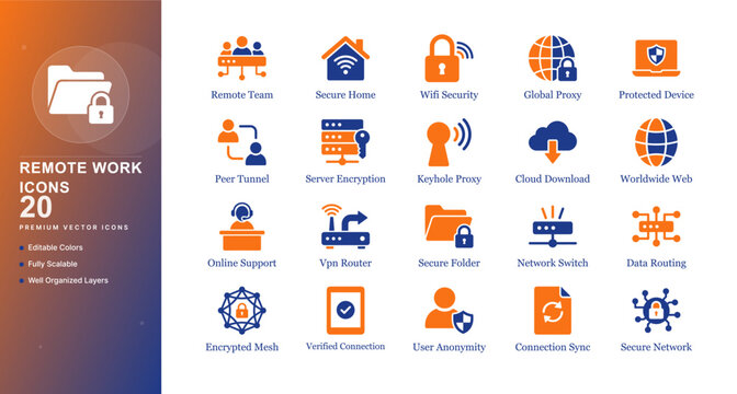 Remote Work VPN Icon Set for Virtual Private Network and Encrypted Tunnel with Proxy Server Data Privacy Telecommuting and Secure Web Connection