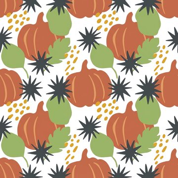 Seamless repeating pattern with pumpkins, leaves, and star shapes