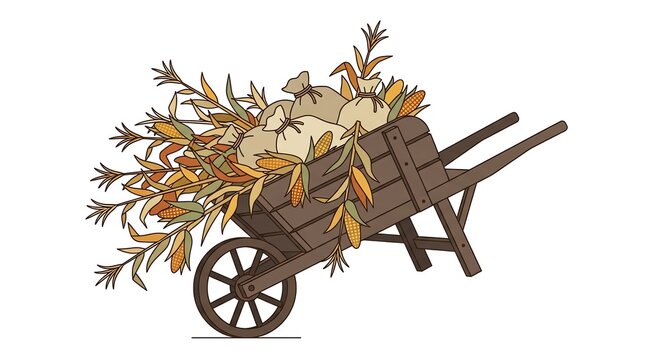 Wooden wheelbarrow loaded with corn stalks and sacks on white