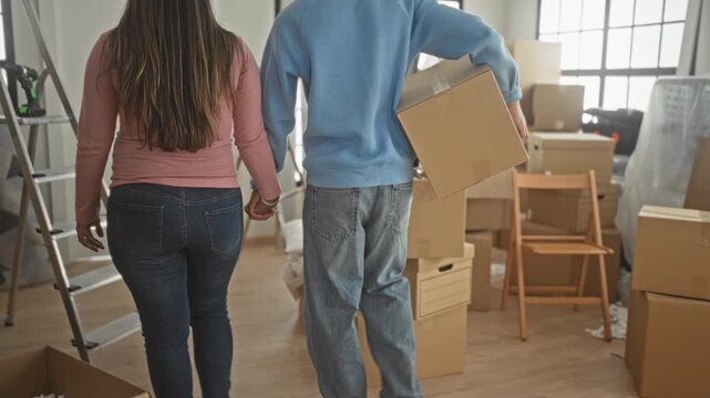 Woman holding box and man carrying boxes amid stacked packages and ladder in an apartment building interior; moving day anticipation.