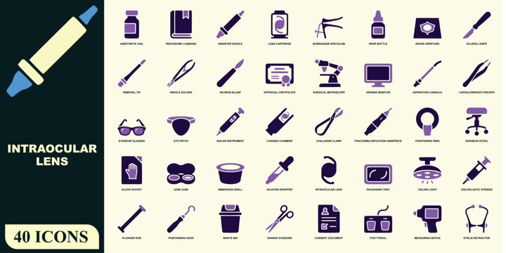 Comprehensive set of 40 intraocular lens and ophthalmic surgery in purple and cream colors for eye care, medical research, and surgical facility documentation and presentation projects