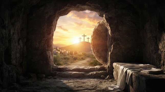 Easter Sunday empty tomb with three crosses on a hill at sunrise