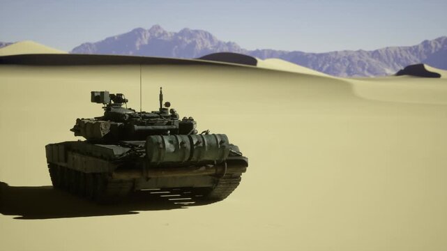Tank executing tactical maneuver across dunes, dynamic posture, dust plume, strategic positioning, midday sun, long track marks, readiness energy
