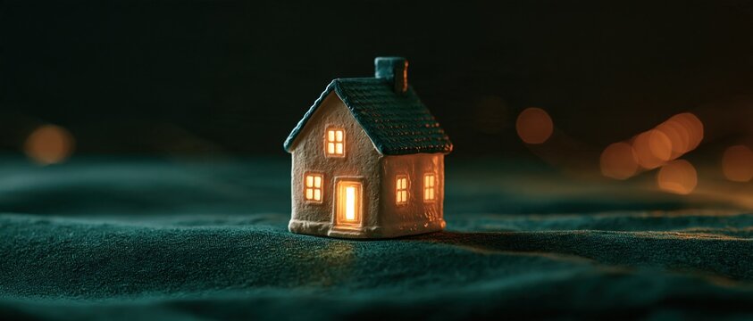 Tiny House at Night, Warm Lights Glowing Inside