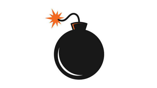 Round black cartoon bomb with a burning fuse and red spark illustration against white background
