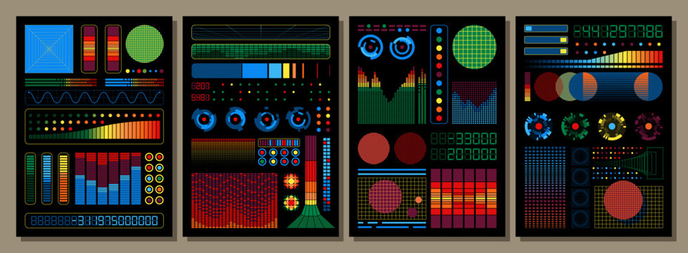 1980s Retro Computers Visual Panels, Vintage Colors, Shapes, Digits, Charts, Equalizers. Abstract Background Set for the 1980s Posters, Retro Future Style Objects
