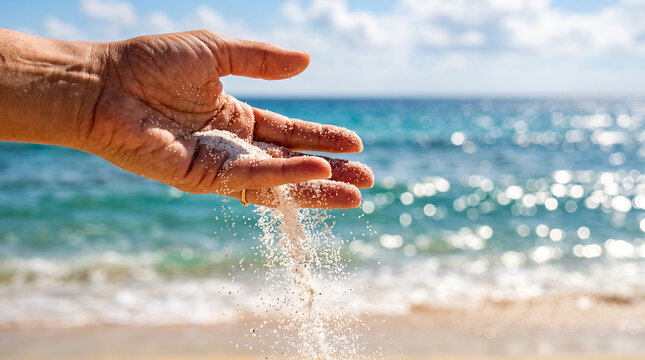Sand Slipping Through Fingers on Beach: Close-up of a person's hand letting fine sand fall through their fingers, with a blurred turquoise ocean and sunny sky in the background.