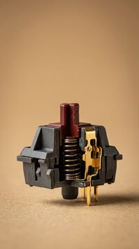 Detailed macro photography of opened mechanical keyboard switch displaying gold coiled spring, stem, and bottom housing.