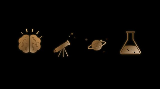 Science icons set gold foil animation on black background loop