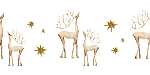 Deer and golden stars watercolor seamless border. Christmas festive background of hand painted woodland stags. Winter holiday horizontal print for winter holiday New Year fabric, textile, scrapbooking © Fedulova_art