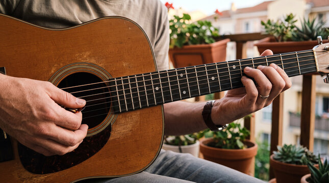 Acoustic Guitar Serenade on a Balcony: A person's hands skillfully strum an acoustic guitar on a sun-drenched balcony, surrounded by potted plants.