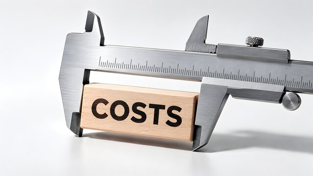 Metal caliper measuring a wooden block with the word costs indicating financial control and budget restriction concept