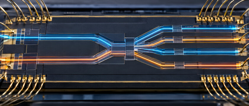 Macro Industrial Photograph of Thin Film Lithium Niobate Optical Modulator Chip.