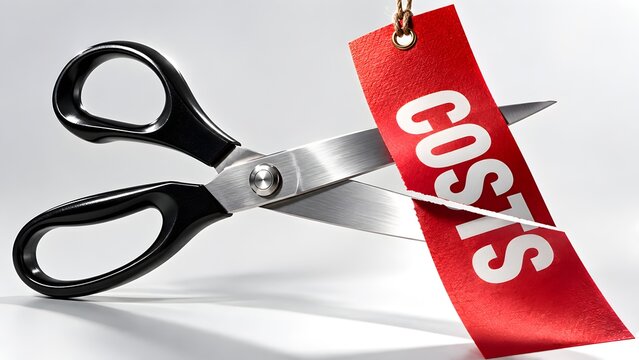 Scissors cutting a red price tag with the word costs representing budget reduction financial savings and discount concept