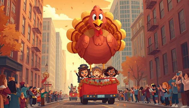 Thanksgiving Parade with Turkey Balloon and Festive Crowd Celebration
