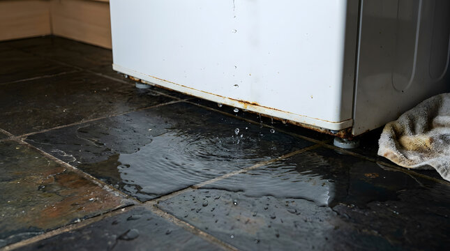 Water Leaking from Household Appliance onto Tiled Floor | Appliance Water Leakage Damage on Dark Slate Kitchen Tiles | Puddle of Water Leaking Under Appliance with Cleaning Rag