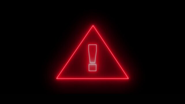 Glowing red neon warning triangle sign with exclamation mark animation on black background, caution alert
