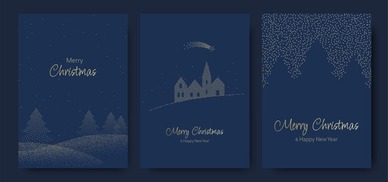 Merry Christmas and Happy New Year! A winter village featuring houses and a church spire. 