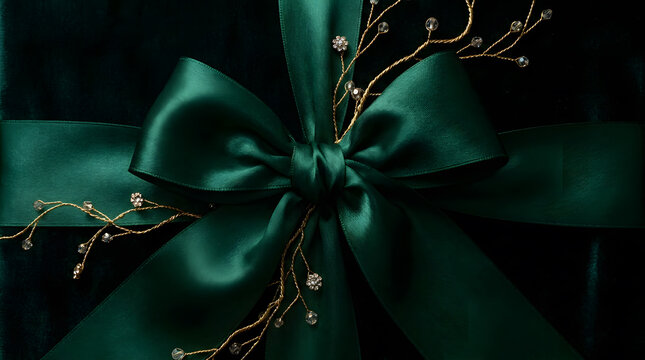 Luxurious Emerald Green Satin Bow on Dark Background | Elegant Green Silk Ribbon Bow with Gold Beaded Branches | Holiday Gift Wrapping Bow with Golden Crystal Sprays