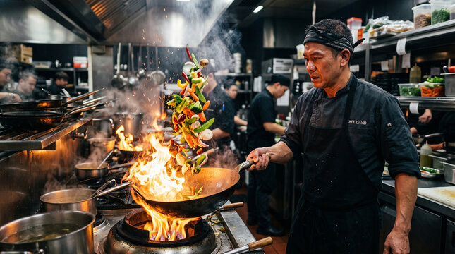 Master Chef at Work: A skilled Asian chef expertly tosses vegetables and ingredients in a flaming wok, creating a vibrant culinary masterpiece in a busy restaurant kitchen.