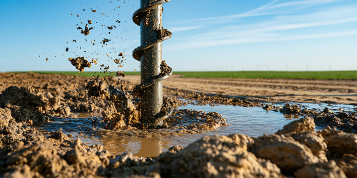 A heavy metal drill bit bores into wet soil and muddy water under a bright blue sky. Construction site photography for civil engineering projects.