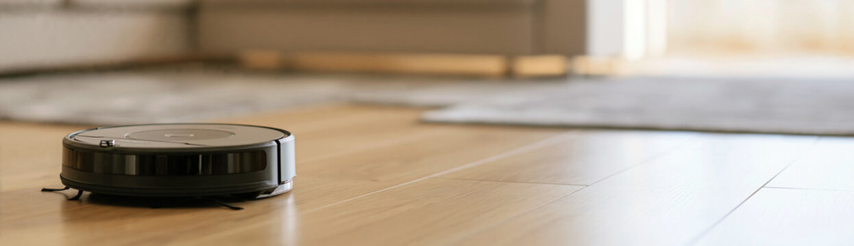 Robot vacuum cleaner autonomously navigating and cleaning a polished wooden floor in a bright, modern living room, illustrating smart home automation and effortless household maintenance