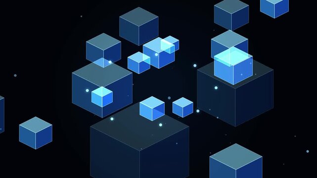 Abstract background featuring glowing blue floating cubes and particle Motion Graphic