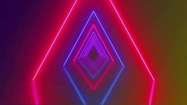 Abstract neon tunnel with vibrant red and blue triangular light frames rushing forward through an endless corridor, creating a futuristic cyber background for technology and music videos in 4k