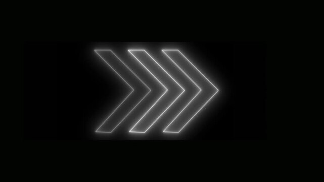 Neon glowing triple arrow sign pulsing on black background, modern motion pointer