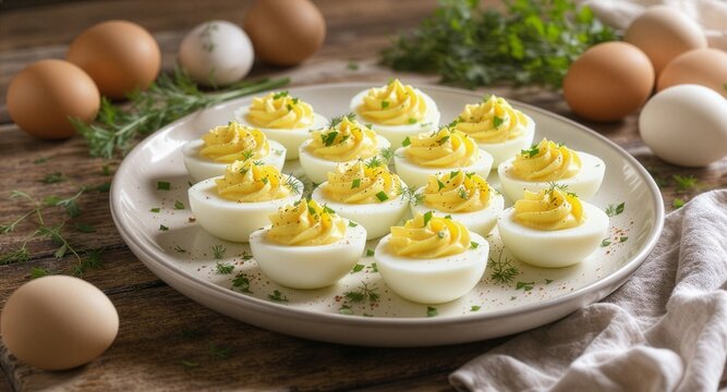 A white ceramic platter filled with classic deviled eggs topped with creamy piped yolk filling and fresh chopped herbs, served on a rustic wooden table with whole eggs in the background.