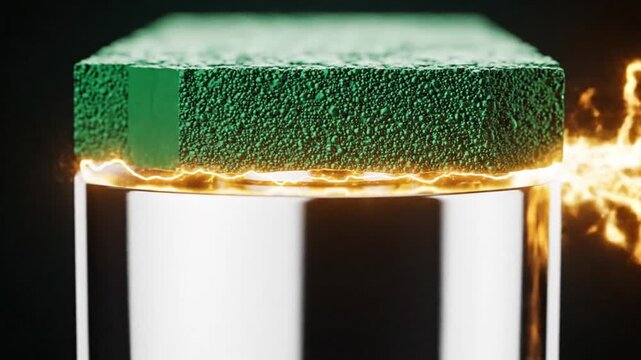 Microscopic solid-state battery cross-section showing textured green ceramic electrolyte attached to metallic silver cylinder with glowing electrical current discharge between boundary.