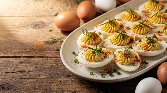 A white ceramic platter of classic deviled eggs sprinkled with paprika and garnished with fresh chives, arranged on a rustic wooden table surrounded by raw brown and white chicken eggs