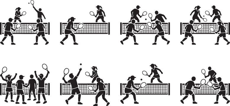 Tennis doubles and singles players executing professional racket strokes