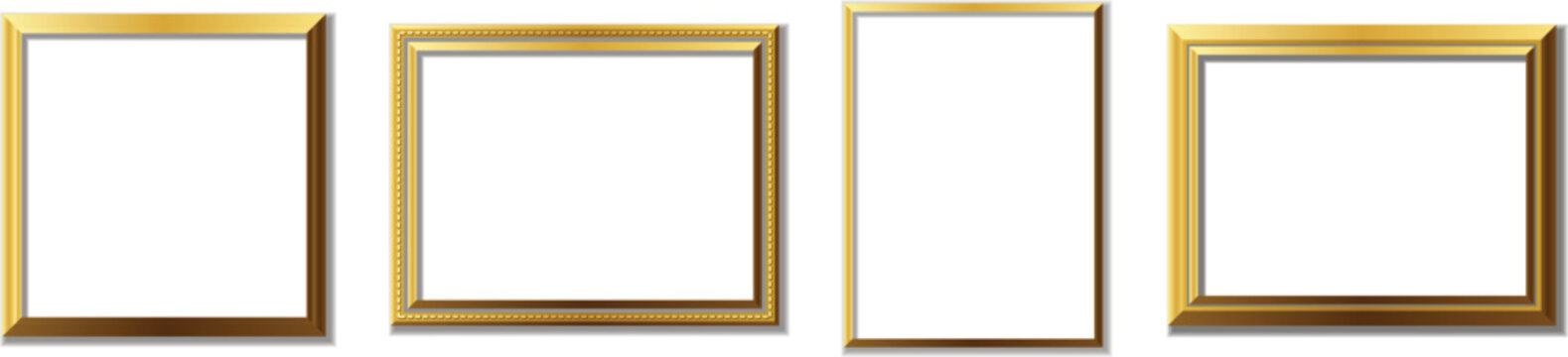 Set of four different rectangular and square shiny gold frames with blank white interiors and drop shadows