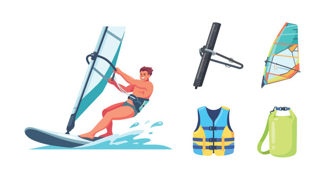 Windsurfing Collection Set with Gear and Equipment Vector Illustration