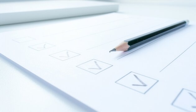 Close-up of a black wooden pencil resting on a white paper document with printed check marks in checkbox rows, creating a clean business, evaluation, or survey concept.