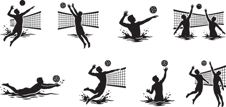 Volleyball players spiking and serving during water and beach matches