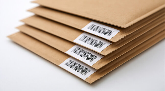 A stack of brown paper shipping envelopes with barcodes isolated on white background. Useful for e-commerce, delivery services, and logistics industry themes.
